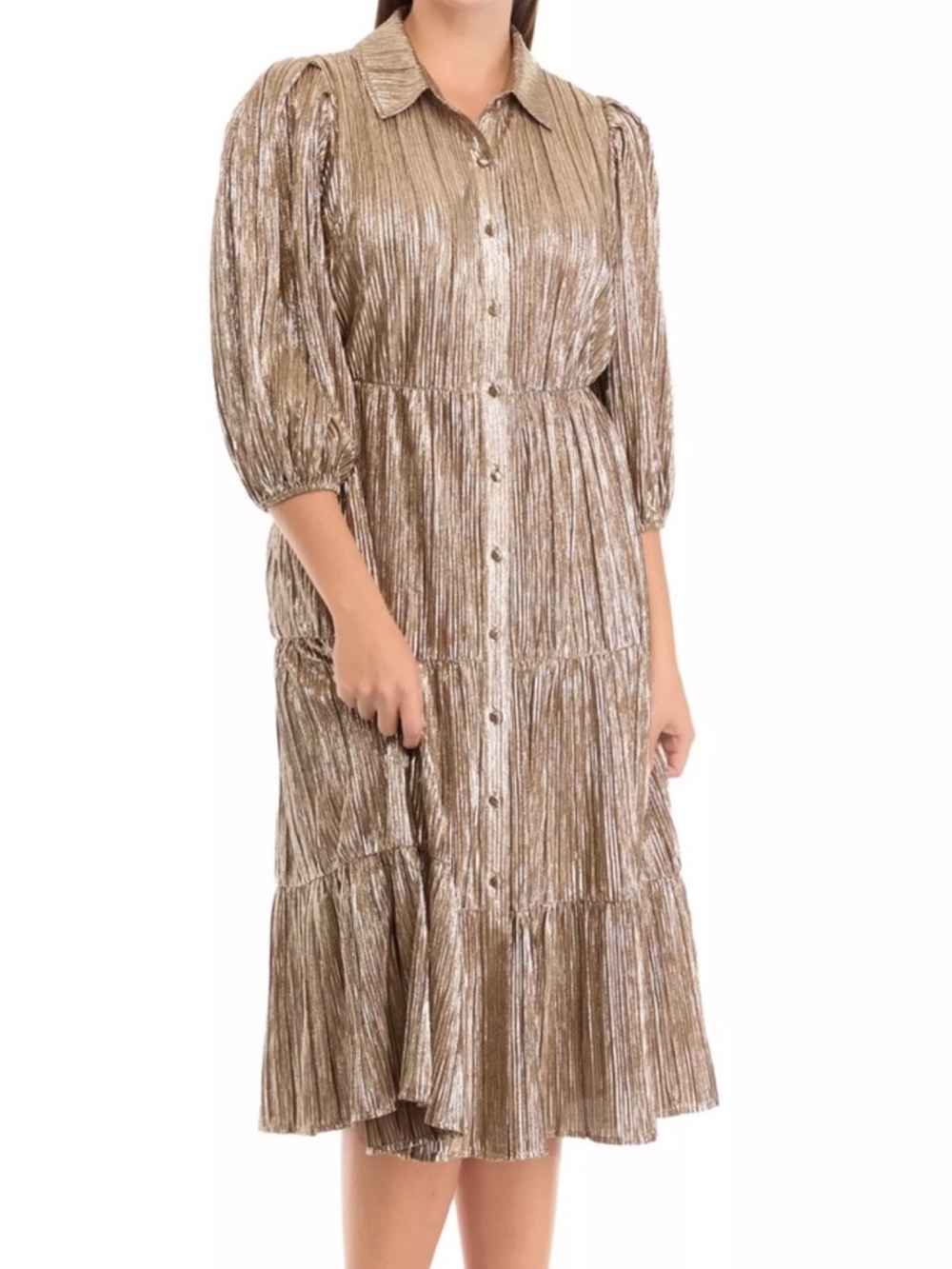 crown & ivy Metallic Gold Pleated Tiered Midi Dress - Picture 3 of 3